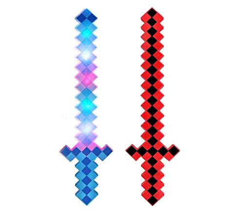 P&F Pack of 2 Color Led Flashing & Sound Light Up Classic Diamond Pixel Swords (Blue& Red)