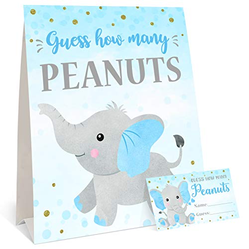 Blue Elephant Baby Shower Guessing Game How Many Peanuts are in The Jar Sign and 30 Cards Blue Polka Dots Activity Guess Game