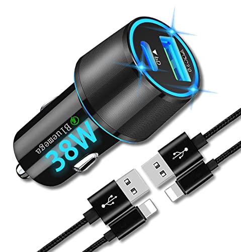 Fast Car Charger, USB C Car Charger 38W Car Charger Adapter PD3.0&QC3.0 with 2Pack Lightning Cable Quick Car Charging Compatible with iPhone 14 Pro Max/14 Plus/13 Pro Max/12