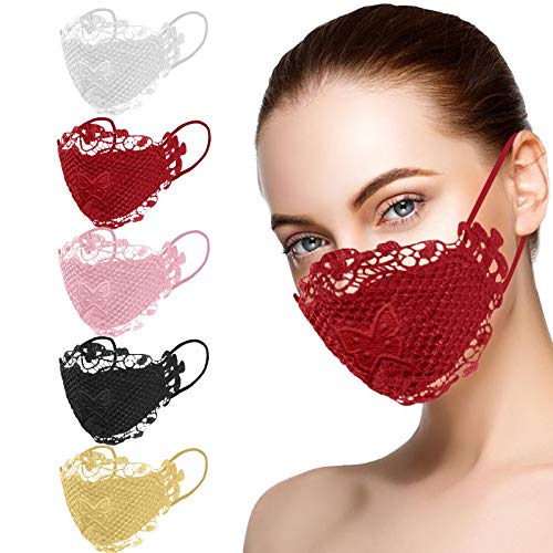 5PCS Lace Face_Masks Washable Reusables Cloth Fabric for Women,Adult Oudoor Dustproof Face Covering Protection Fashion Balaclava