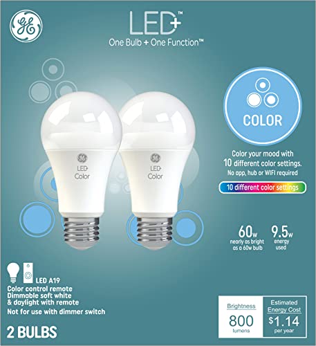 GE LED+ Color Changing LED Light Bulbs with Remote, No App or Wi-Fi Required, A19 Bulbs, CA Compliant (2 Pack)