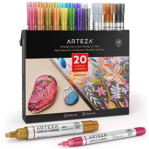 ARTEZA Metallic Acrylic Paint Markers, Set of 20, 16 Metallic Paint Pens with Bullet Nib and 4 with Wide Plastic Nib, Art & Craft Supplies, Use on Canvases for Painting, Glass, Plastic, and Rock