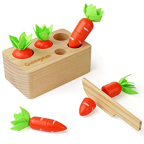 Coogam Baby Carrots Sorting Toy, Wooden Montessori Color Shape Sorter Cutting Harvest Matching Game for Toddler Fine Motor Skill, Early Learning Preschool Year Old Educational Gift Toy