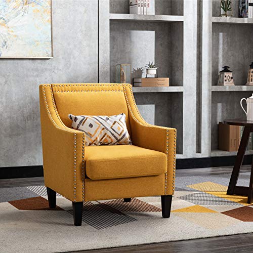 Goujxcy Club Accent Chair, Modern Faux Linen Armchair with Silver Nail-Head Trim Sofa Chair, Home and Office Furniture (Yellow)