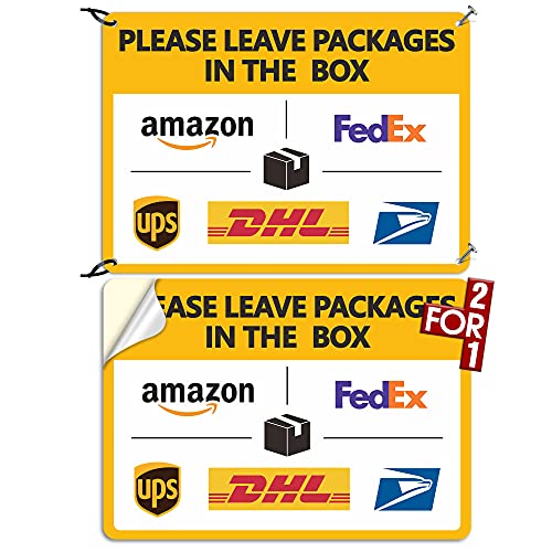 Package Delivery Sign Delivery Instructions Sign 2 Pack Leave Packages in The Box Sign ,Two For One : 1 Pcs Super Tough PVC+1 Pcs Self Adhesive Vinyl , Rust-Free, Weather-Proof