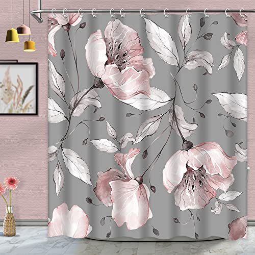 Elegant Pink Floral Shower Curtain Greyish Leaves Flower Grey Fabric Bath Curtain Bathroom Decor