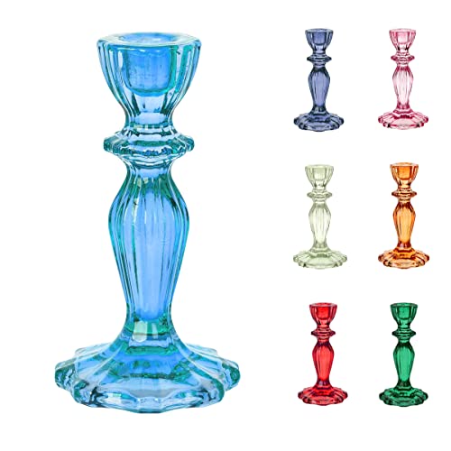 Talking Tables Blue Glass Candlestick Holder Taper Candle Stand for Indoor or Outdoor Dining, Elegant Dinner Party Decorations, Birthday, Garden, Wedding, Home Décor