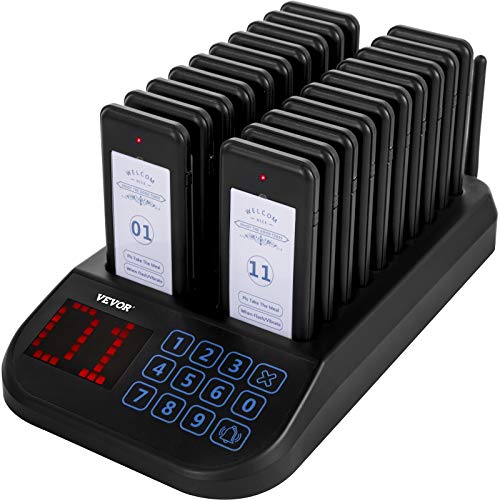 VEVOR F103 Restaurant Pager System 20 Pagers, Max 98 Beepers Wireless Calling System, Touch Keyboard with Vibration, Flashing and Buzzer for Church, Nurse,Hospital & Hotel
