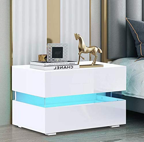2 Drawer Nightstand Modern LED Light 2 Drawer High Gloss Bedside Nightstand(White)