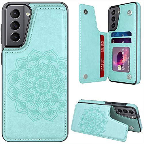 MMHUO for Samsung Galaxy S21 5G Case with Card Holder,Flower Magnetic Back Flip Case for Samsung Galaxy S21 5G Wallet Case for Women,Protective Case Phone Case for Samsung Galaxy S21 5G,Mint