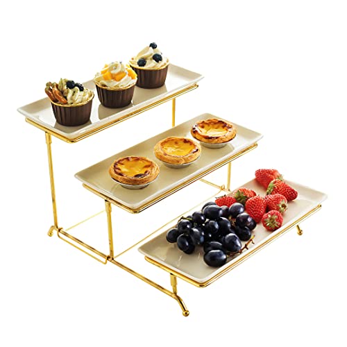 YOLIFE 3 Tiered Serving Stand, Cream Porcelain Platters Length 12″ and Width 6.2″, Party Rectangular Trays wtih Gold Collapsible Rack for Dessert Cupcake Fruit