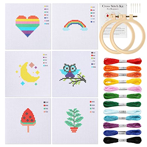 Pllieay Cross Stitch Beginner Kit for Kids 7-13, Includes 6pcs Project Cross Stitch Pattern and 2pcs Hoops, 12 Skeins, Needle Point Starter Kit Sewing Set with Instructions