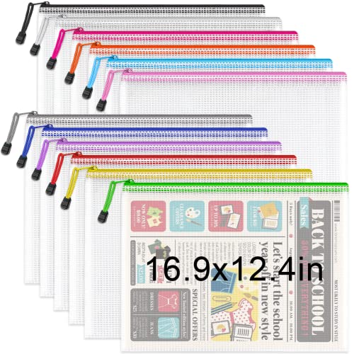 Umriox Zipper Pouch, 16.9×12.4 in (12 Colors, 12 Packs), Extra Large Zipper Bags, Waterproof Zipper Pouches for School Office Supplies, Puzzles, Board Game Storage & Cross Stitch Projects