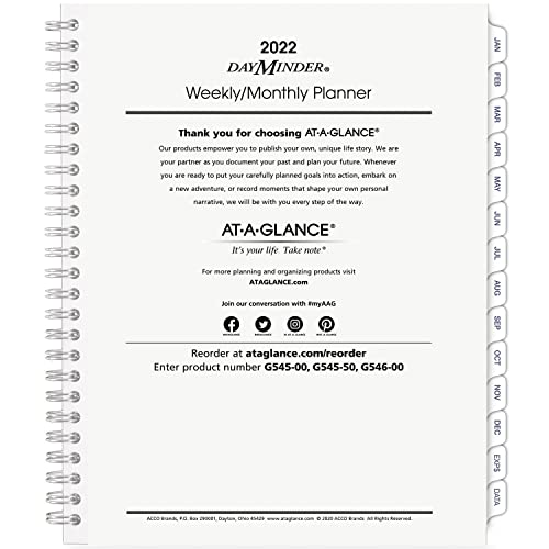2022 Weekly & Monthly Planner Refill for G545 Line Planners by AT-A-GLANCE, 7″ x 8-3/4″, Medium, Executive, DayMinder (G54550)