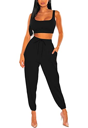 Fixmatti Women 2 Piece Tracksuit Workout Outfits Sport Bra and High Waist Jogger Pant Sweatsuit Set Black S