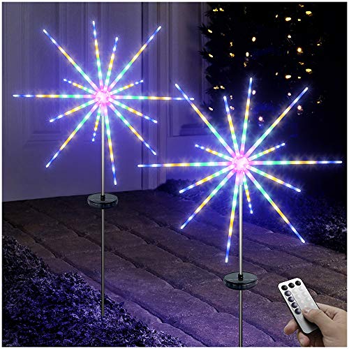 DenicMic Solar Firework Meteor Lights 2 Pack, Outdoor Solar Garden Decorative Starry Starburst Lights with Remote, 8 Modes Landscape Path Lights for Patio Yard Christmas Decor (Multicolor)
