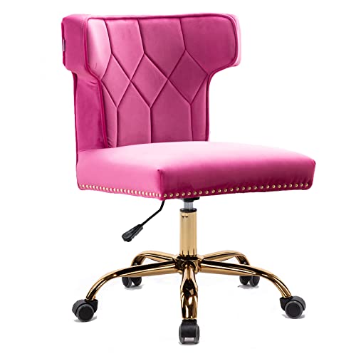 Recaceik Modern Velvet Home Office Chair, Adjustable Leisure Swivel Desk Chairs with High Back 360 Degree Castor Gold Wheels for Living Room/Bedroom/Office (Deep Pink)
