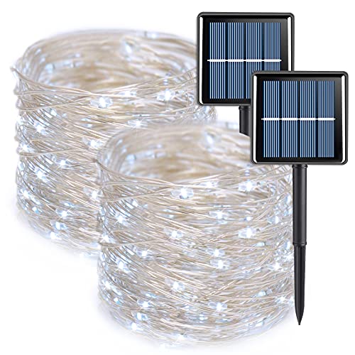 QITONG White Solar Fairy Lights Outdoor Waterproof, 2 Pack Each 33ft 100 LED Solar String Lights, 8 Modes Silver Wire Solar Christmas Twinkle Lights for Garden Yard Patio Fence Decoration