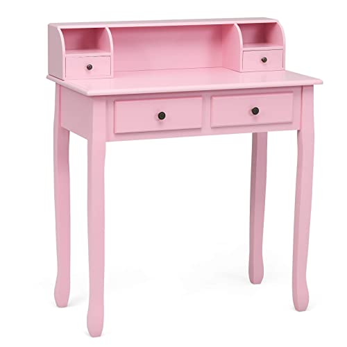 Giantex Writing Desk with 4 Drawers, Removable Floating Organizer 2-Tier Mission Home Computer Vanity Desk for Apartment Small Space (Pink)