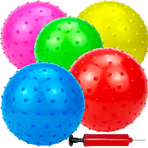 Soft Bouncy Balls – 9 Inch Sensory Balls Toy and Spiky Massage Stress Balls for Toddlers Kids, Great for Tactile Sensory Balls, Set of 5 Bouncing and Pump, Playground Beach Pool Pets Toys Party Favors