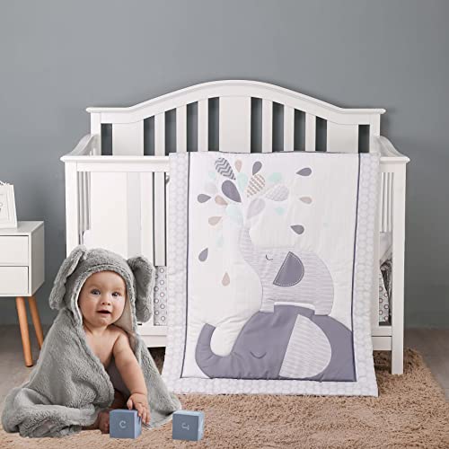 Brandream Playful Elephant Baby Crib Bedding Set for Boy, Girl and Unisex Nursery – Baby Quilt, Fitted Crib Sheet, Crib Skirt Included, 3 Pieces Grey & Mint