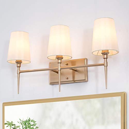 classy leaves Bathroom Light Fixtures, 3-Light Gold Vanity Lights, Modern Bathroom Vanity Light Fixtures with White Fabric Shade, 23’’ L x 6.5’’ W x 12’’ H