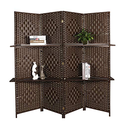 4 Panels Room Screen Divider Hand-Woven Design Room Divider 6 Ft High Fiber Freestanding Privacy with Wooden Removable Storage Shelves Screen Suitable for Living Room and Study, Brown
