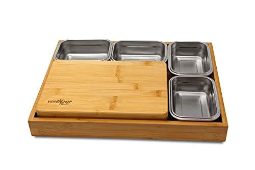 VERSACHOP Quattro – Totally natural organic bamboo cutting board with included stainless steel lunch boxes with airtight lids and serving tray. Perfect for meal prep, storage and organization.