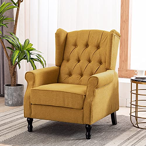 Artechworks Winged Fabric Modern Accent Chair Tufted Arm Club Chair Linen Single Sofa with Wooden Legs Comfy Upholstered for Reading Living Room Bedroom Office,Yellow