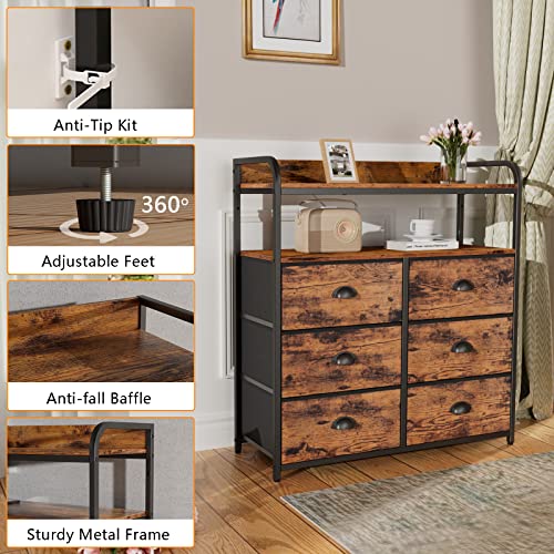 Furologee 6 Drawer Dresser Fabric,Double Shelf,Closet Organizer Storage Tower Unit for Bedroom, Living Room Entryway, Rustic Bins, Sturdy Metal Frame | The Storepaperoomates Retail Market - Fast Affordable Shopping