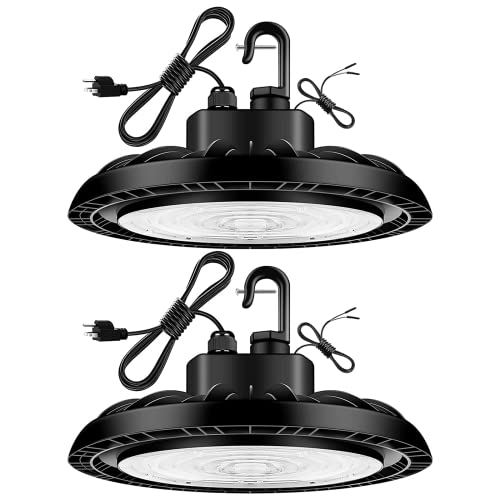 CINOTON 150W UFO LED High Bay Lights with US Plug, 22500LM[600W HID/HPS Equiv.] IP65 Waterproof Commercial Bay Lighting for Warehouse Factory Garage 100-277V Universal ETL Listed 5000K-Daylight 2 Pack