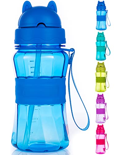 Ecteco Water Bottle for Kids Teens with Straw Strap 12OZ Children Sized Leak Proof BPA Free Tritan Drinking Bottles for Boys Girls School Students, Cute Lightweight Sturdy Anti-skid Design