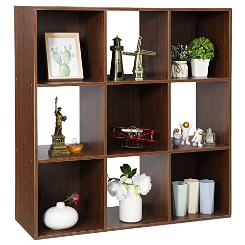 ZenStyle 9 Cube Storage Shelf Organizer, Wooden Bookshelf System Display Cube Shelves Compartments, Customizable W/ 5 Removable Back Panels (Brown)