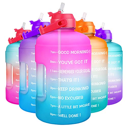 QuiFit 1 Gallon Water Bottle – with Straw & Motivational Time Marker Leak-Proof BPA Free Reusable Gym Sports Outdoor Large(128OZ) Capacity Water Jug(Pink/Blue Gradient,1 Gallon)