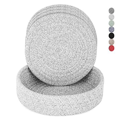 Trivets for Hot Dishes, Trivets for Hot Pots and Pans, Hot Pads for Countertops, Coasters 4 Pcs and Storage Basket 1 Pack, Pot Holders for Kitchen, Cotton Hot Mats Cooking Pad Protect Table (Grey)