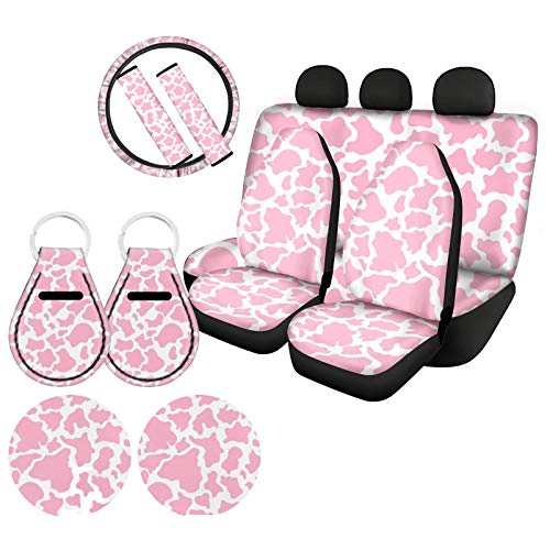 Xhuibop Cow Print Accessories for Car Seat Covers Full Set 11 Pcs Pink Steering Wheel Cover Vehicle Cup Coasters Holder Keychain for Women Automotive Bucket Seat Protector