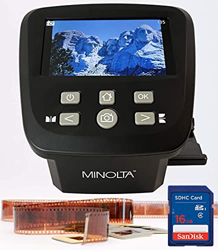 MINOLTA Film & Slide Scanner, Large 5″ Screen, Convert Color & B&W 35mm, 126, 110 Negative & Slides, Super 8 Films to High Res 22MP JPEG Digital Photos, 16GB SD Card, Worldwide AC Adapter (Black)