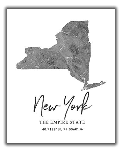 New York State Map Wall Art Print – 8×10 Silhouette Decor Print with Coordinates. Makes a Great Empire State-Themed Gift. Shades of Grey, Black & White.
