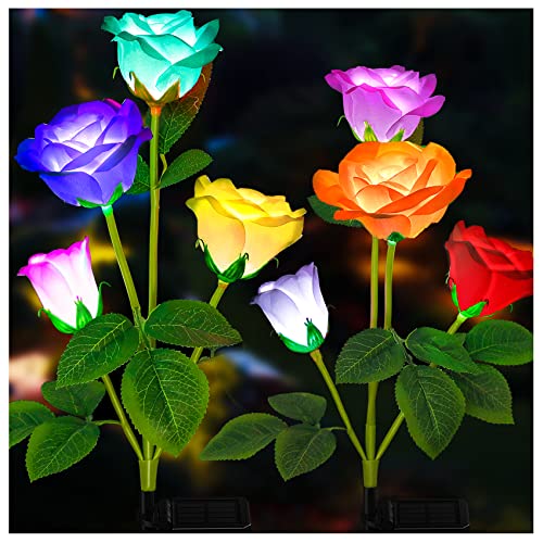 TONULAX Solar Garden Lights – Newest Version Solar Lights Outdoor, 7-Color Changing Rose Lights for Yard,Garden Decoration, Enlarged Solar Panel, More Realistic Rose Flower (2 Packs)