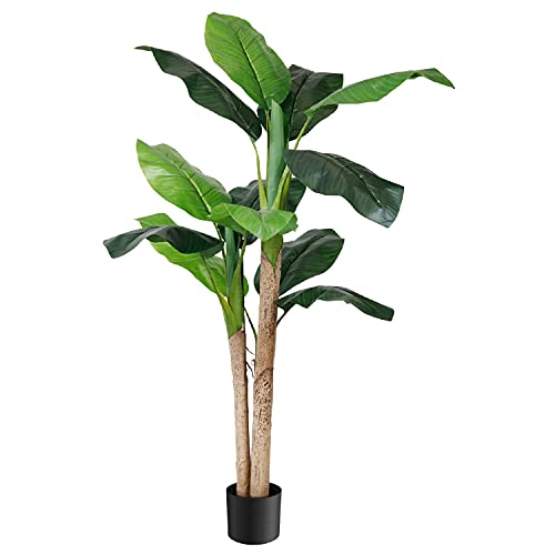 Worth Garden 5ft Artificial Banana Tree 59inch.Fake Plant Tropical Palm Tree for Indoor Outdoor, Realistic,Faux Silk Plants in Pot for Home Office Decoration,Black Pot & 20g Dry Green Moss Included