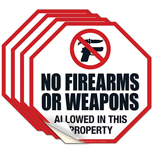 No Firearms Or Weapons Allowed in This Property Sign, (4 Pack) 5.5×5.5 Inches, 4 Mil Vinyl Decal Stickers UV Protected, Made in USA by Sigo Signs