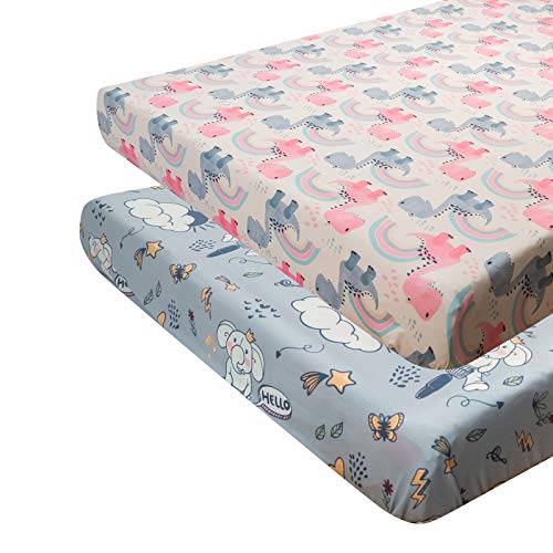 ALVABABY Stretchy Jersey Fitted Pack n Play Playard Sheet Mini Crib Sheets Large 27x39x4inches,2 Pack Portable Crib Sheet, Soft and Light,Boys and Girls Player Matteress 2PSCZE02
