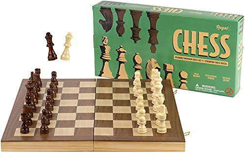 Regal Games 15 Inch Wooden Chess Set – 2 Extra Queens – Folding Board, Portable Chess Board Game Sets with Staunton Game Pieces Storage Slots – Chess Set for Kids and Adults