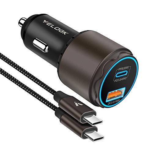 VELOGK Super Fast Type C Car Charger [73W Turbo], Metal Adaptive 55W 45W PPS/PD&QC3.0 USB C Car Adapter[Super Fast Charging 2.0]for Samsung S23 Ultra/S22+/S21/S20/Note 20/10 Plus,iPad Pro/Air,Macbook