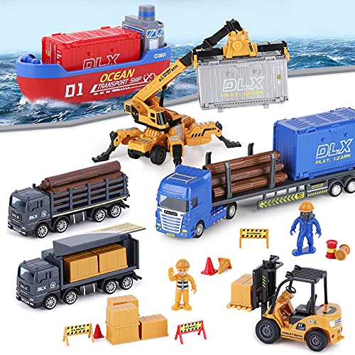 iPlay, iLearn Cargo Truck Toys for 4-5 Year Old Kids, Container Ship Crane Trailer, Transport Logging Trucks, Construction Vehicles Playset W/Forklift Boat, Birthday Gifts for 3 6 7 Boy Toddler Child