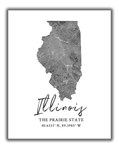 Illinois State Map Wall Art Print – 8×10 Silhouette Decor Print with Coordinates. Makes a Great IL-Themed Gift. Shades of Grey, Black & White.