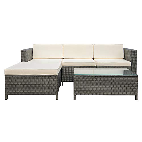 SUNVIVI OUTDOOR Patio Furniture, 5 Piece All Weather Grey PE Wicker Patio Sectional Furniture Conversation Sofa Set with Coffee Table, Removable Cushions