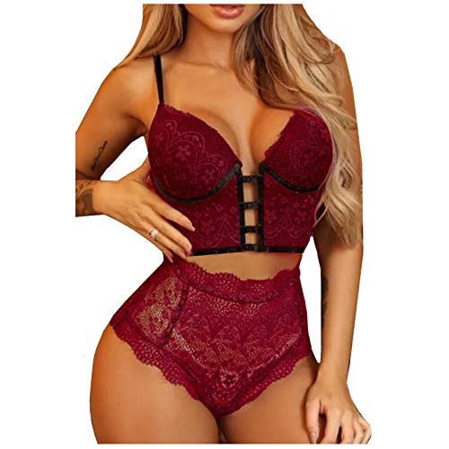 Lingerie for Women Sexy Lace Embroidery Super Push Up Bra and Matching Panty Set 2 Piece Outfits Babydoll Bodysuit Sleepwear Red
