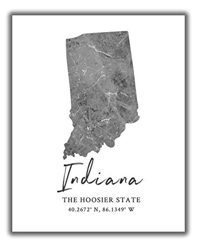 Indiana State Map Wall Art Print – 8×10 Silhouette Decor Print with Coordinates. Makes a Great Hoosier State-Themed Gift. Shades of Grey, Black & White.