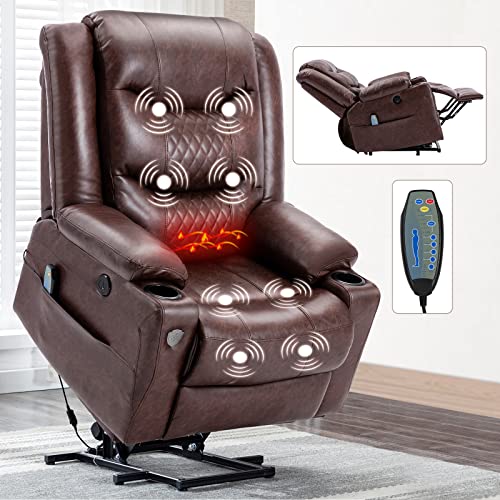 EVER ADVANCED Lift Chair Recliner, Electric Recliners for Elderly Living Room Chair with Heating Vibration Massage, Remote Control, USB Port, Cup Holder & Side Pocket for Home, Office (Brown)